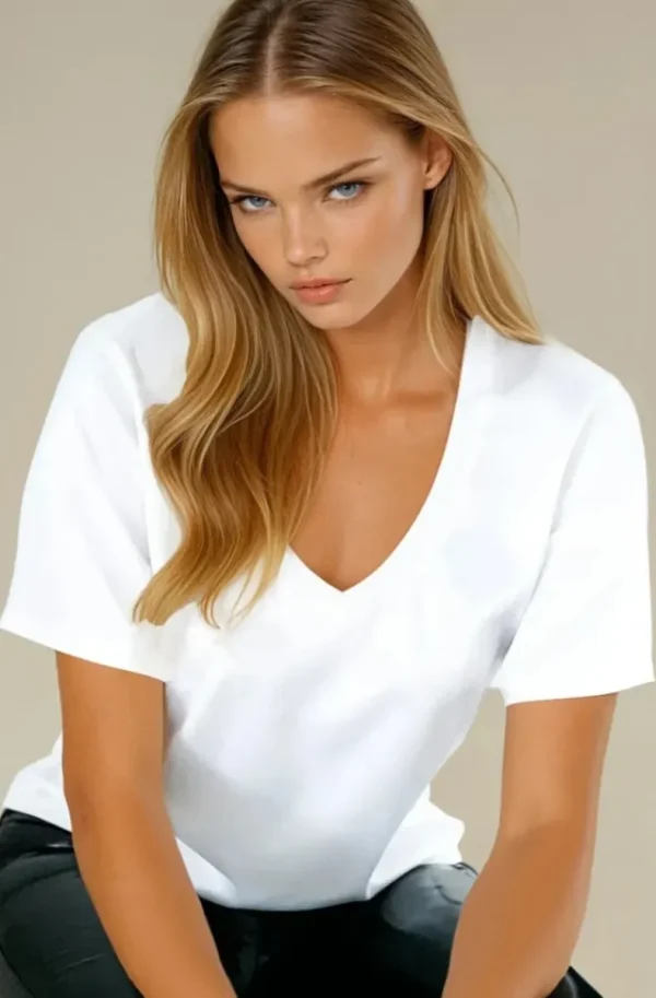 BLOND HOUR - Perfect Shiny V-neck Top - White Sale
