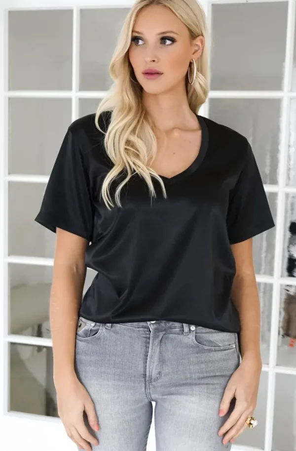 BLOND HOUR - the Perfect Shiny V-neck top - Black Sale