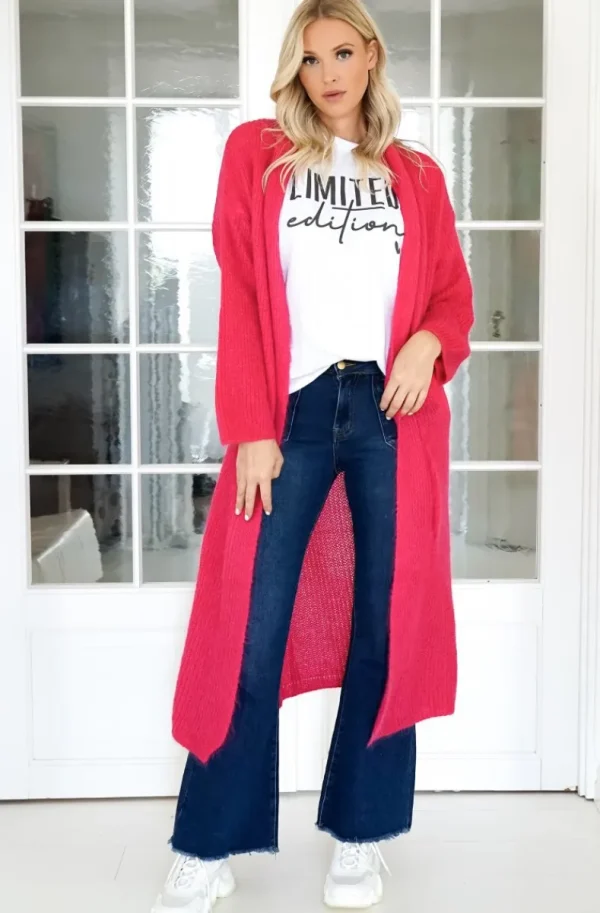 MIXED BRANDS - Chunky Mohair Knit Long Cardigan - Fuchsia Fashion