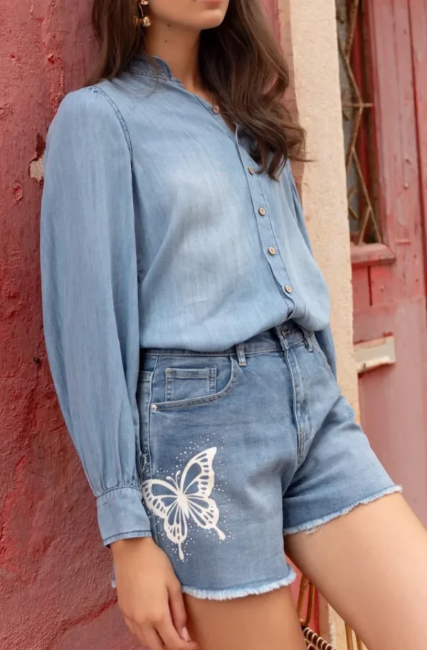 MIXED BRANDS - Denim shorts with embroidered Butterfly S143 - Blue New