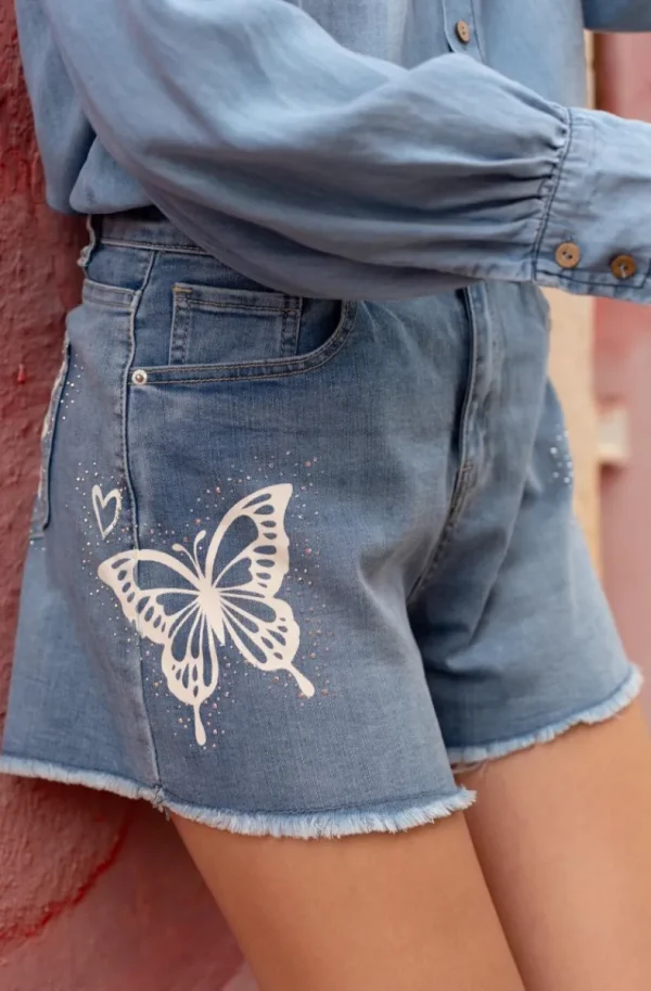 MIXED BRANDS - Denim shorts with embroidered Butterfly S143 - Blue New