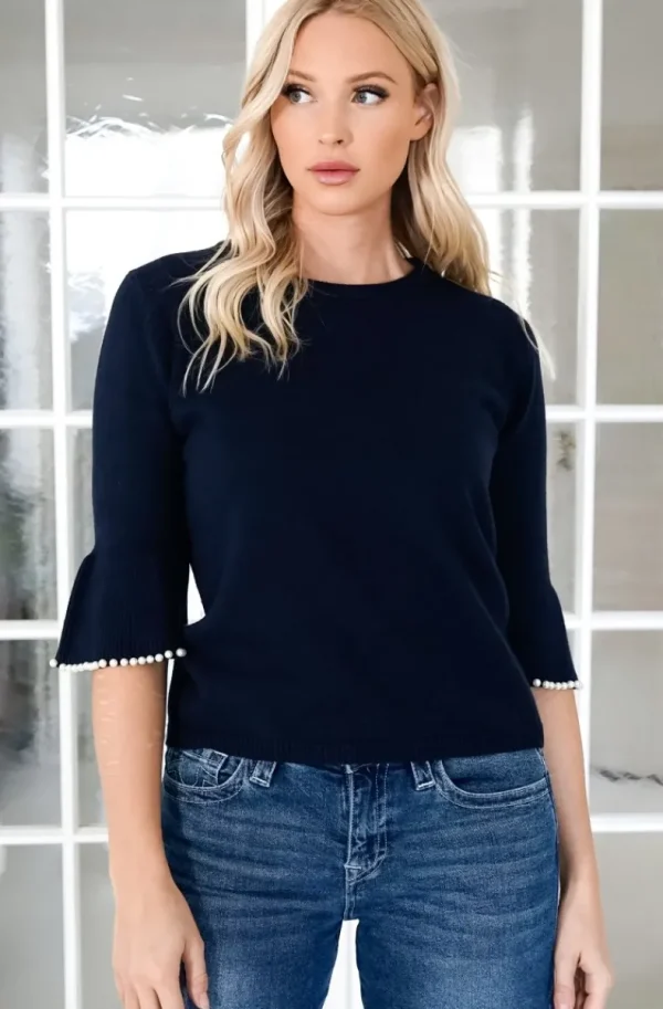 MIXED BRANDS - Elegant Pearl-accented knit sweater 3502 - Darkblue Sale