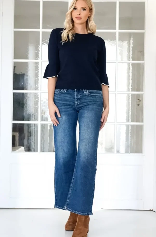 MIXED BRANDS - Elegant Pearl-accented knit sweater 3502 - Darkblue Sale