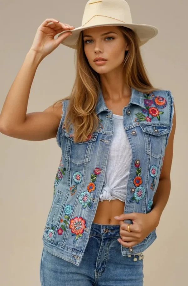 MIXED BRANDS - Embroidered jeans Vest DC417 - Blue Outlet