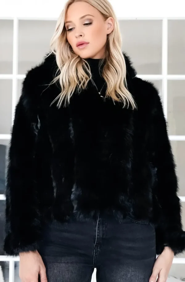 MIXED BRANDS - Faux Fur Jacket with hood M07 - Black New