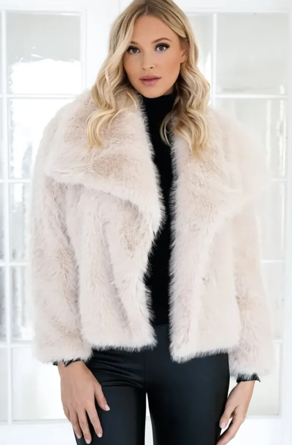 MIXED BRANDS - Faux Fur Jacket Short with wide collar 40920 - Beige Outlet