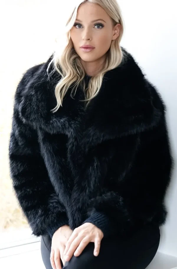 MIXED BRANDS - Faux Fur Jacket Short with wide collar 40920 - Black Hot