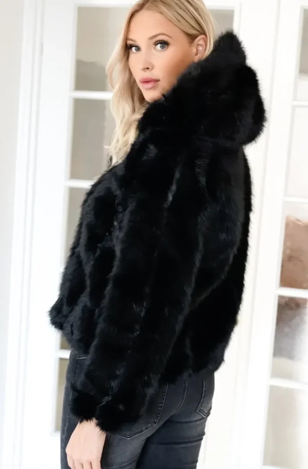 MIXED BRANDS - Faux Fur Jacket with hood M07 - Black New