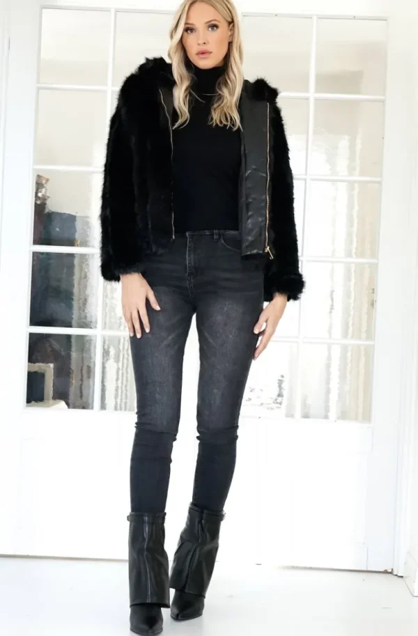 MIXED BRANDS - Faux Fur Jacket with hood M07 - Black New