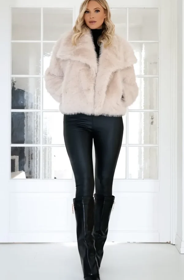 MIXED BRANDS - Faux Fur Jacket Short with wide collar 40920 - Beige Outlet