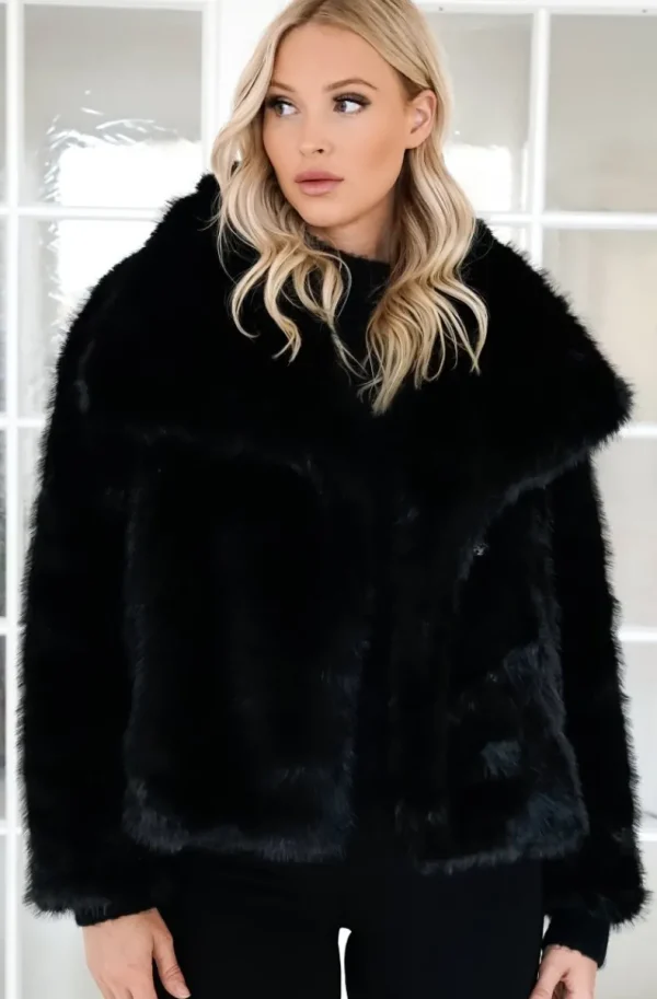 MIXED BRANDS - Faux Fur Jacket Short with wide collar 40920 - Black Hot