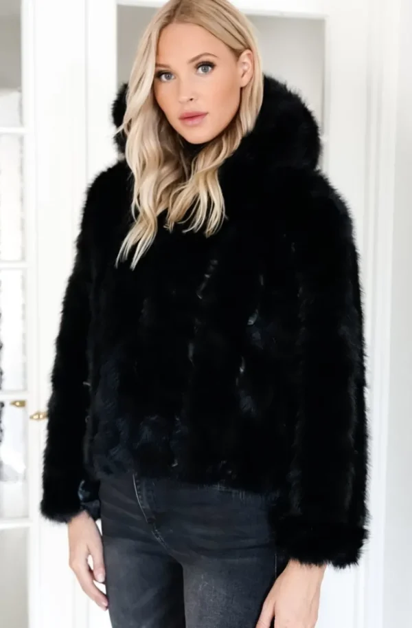 MIXED BRANDS - Faux Fur Jacket with hood M07 - Black New