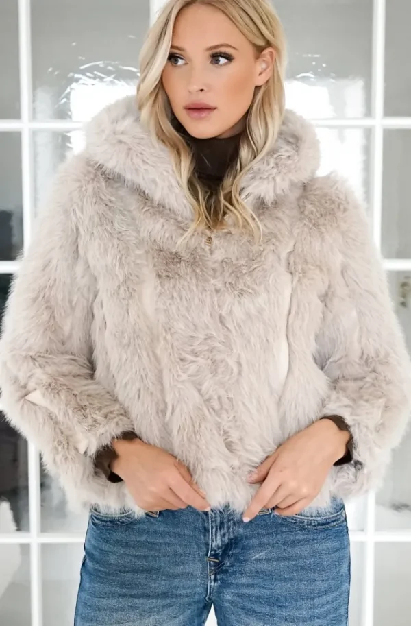 MIXED BRANDS - Faux Fur Jacket with hood M07 - Beige Clearance