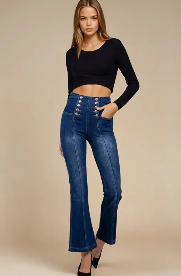 MIXED BRANDS - Flare High waist Jeans with buttons 0275 - Midblue New