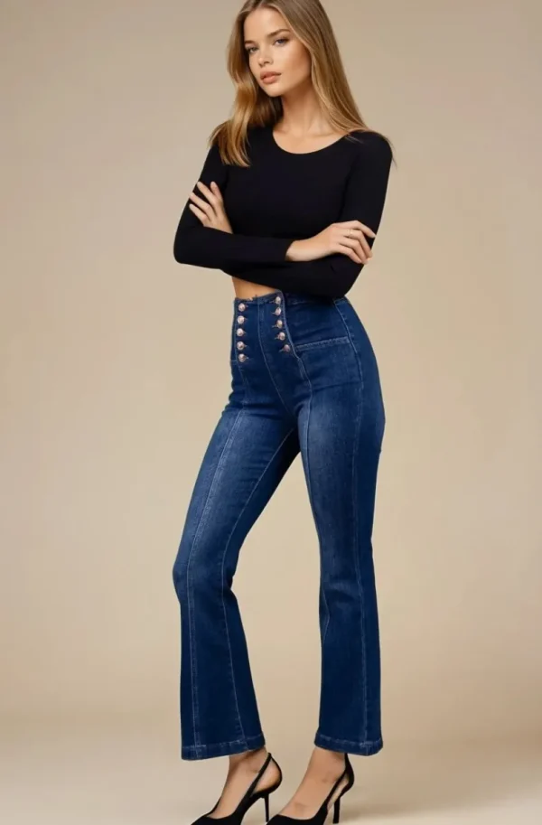 MIXED BRANDS - Flare High waist Jeans with buttons 0275 - Midblue New