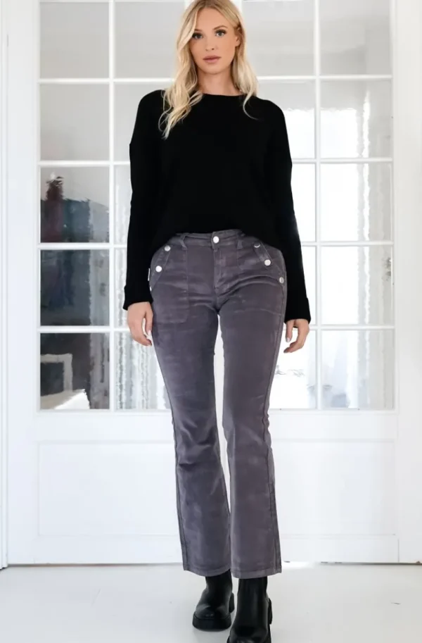 MIXED BRANDS - High waist flare velour pant with buttons H2630 - Grey Discount