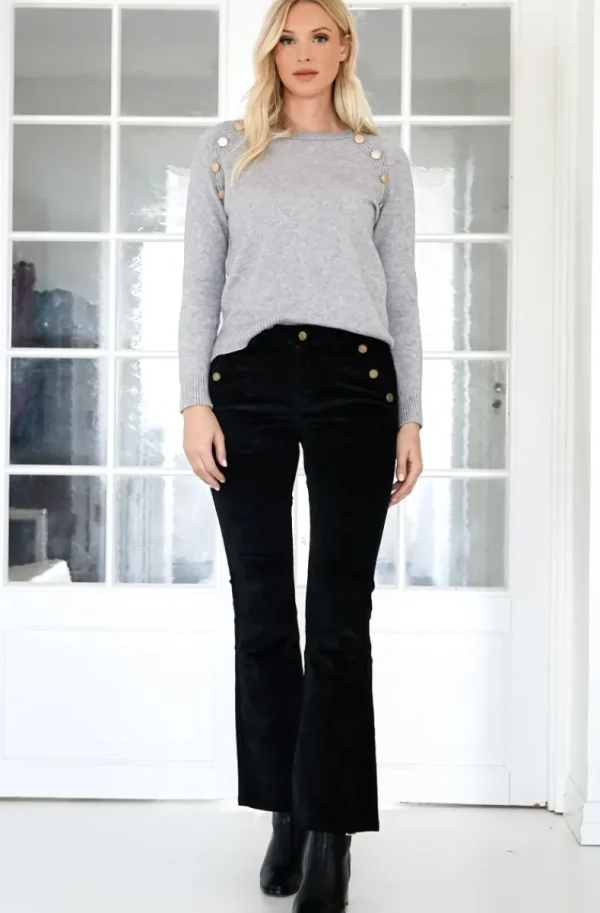MIXED BRANDS - High waist flare velour pant with buttons H2630 - Black Outlet