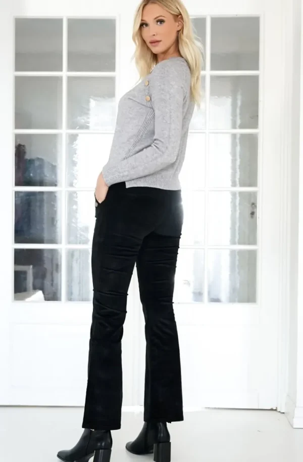 MIXED BRANDS - High waist flare velour pant with buttons H2630 - Black Outlet