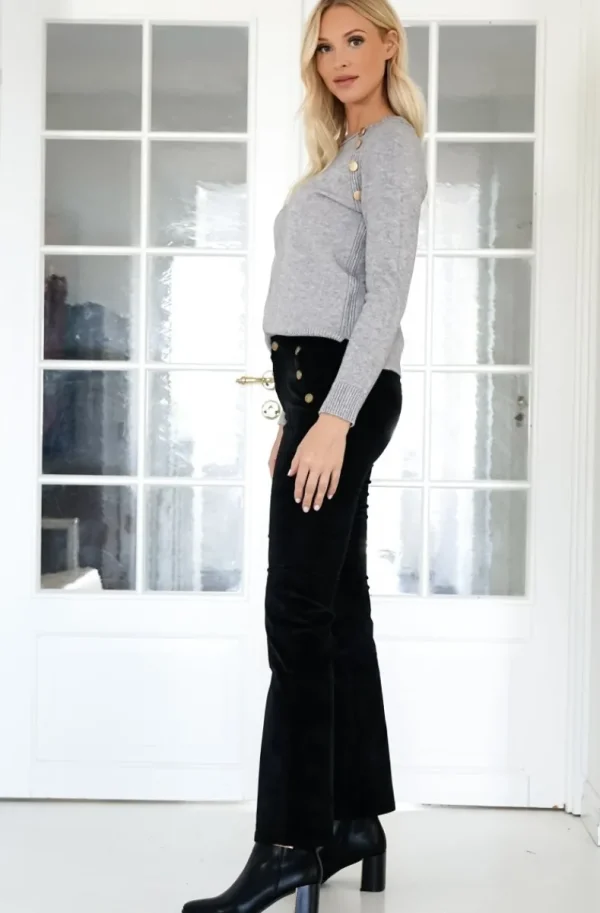 MIXED BRANDS - High waist flare velour pant with buttons H2630 - Black Outlet