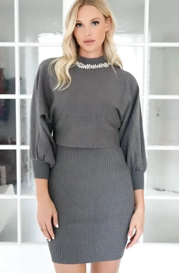 MIXED BRANDS - Knit Dress & Sweater Set 3213 - Grey Best