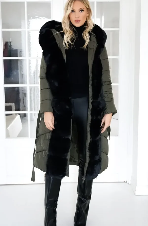 MIXED BRANDS - Long Puffer Coat with Faux fur trim 23069 - Dark Olive New