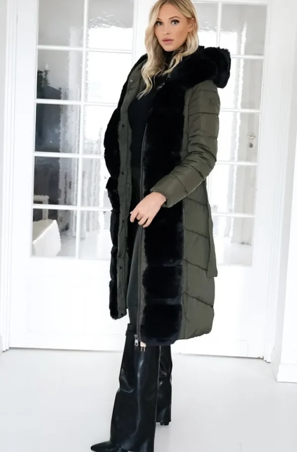 MIXED BRANDS - Long Puffer Coat with Faux fur trim 23069 - Dark Olive New