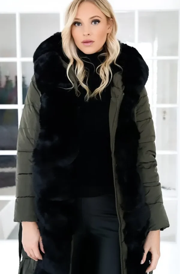 MIXED BRANDS - Long Puffer Coat with Faux fur trim 23069 - Dark Olive New