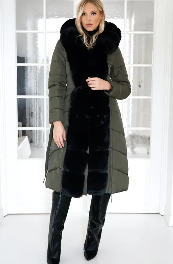 MIXED BRANDS - Long Puffer Coat with Faux fur trim 23069 - Dark Olive New