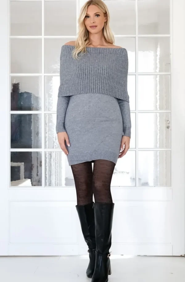 MIXED BRANDS - long sleeve mini Dress bardot neckline 3085 - Grey Hot