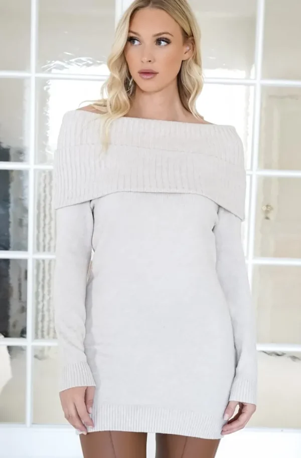 MIXED BRANDS - long sleeve mini Dress bardot neckline 3085 - Beige New