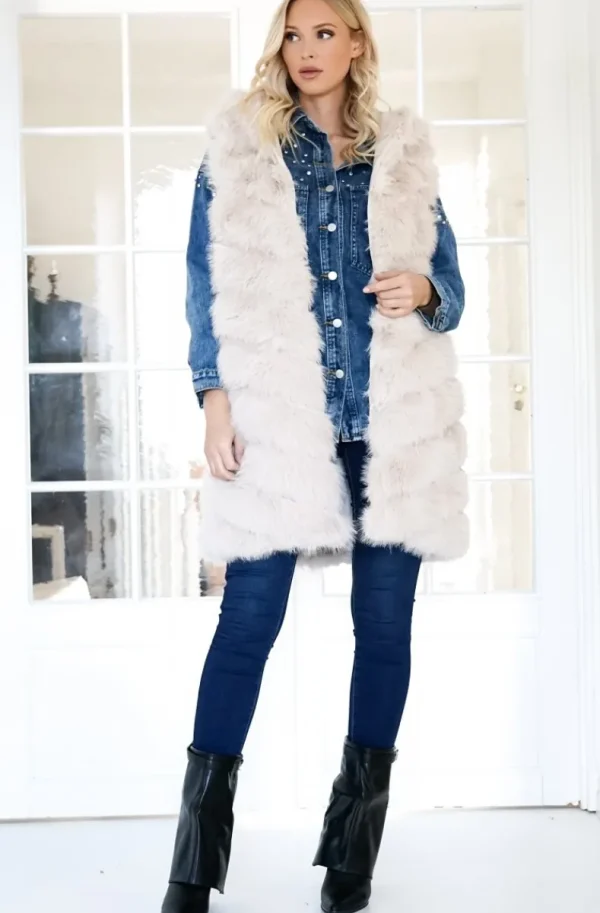 MIXED BRANDS - Longer Vest Fake Fur F40814 - Beige New