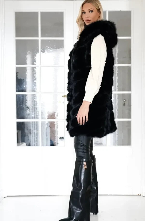 MIXED BRANDS - Longer Vest Fake Fur F40814 - Black Clearance