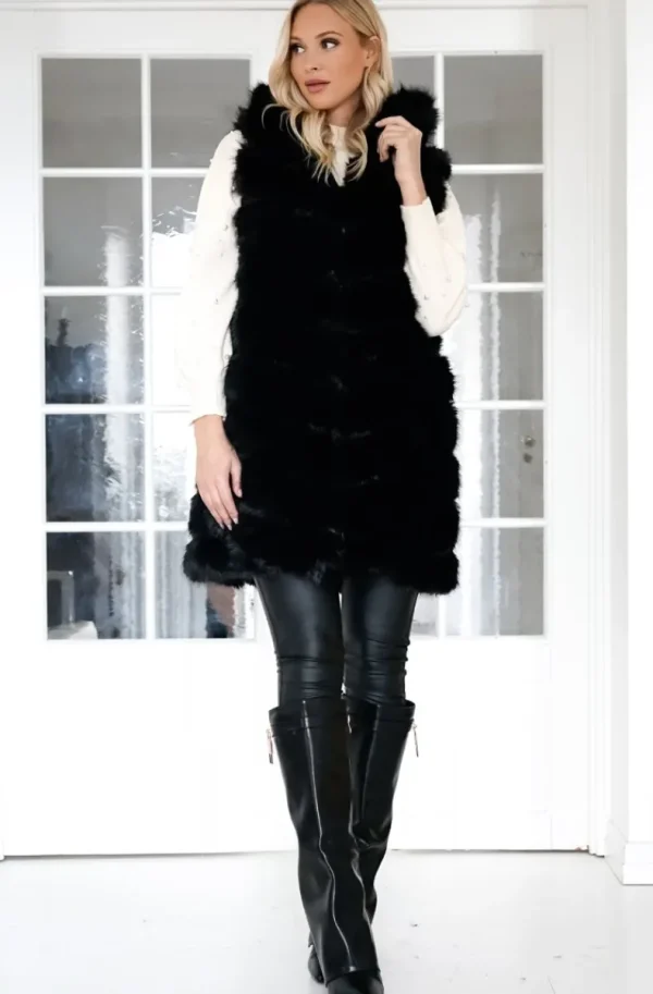 MIXED BRANDS - Longer Vest Fake Fur F40814 - Black Clearance