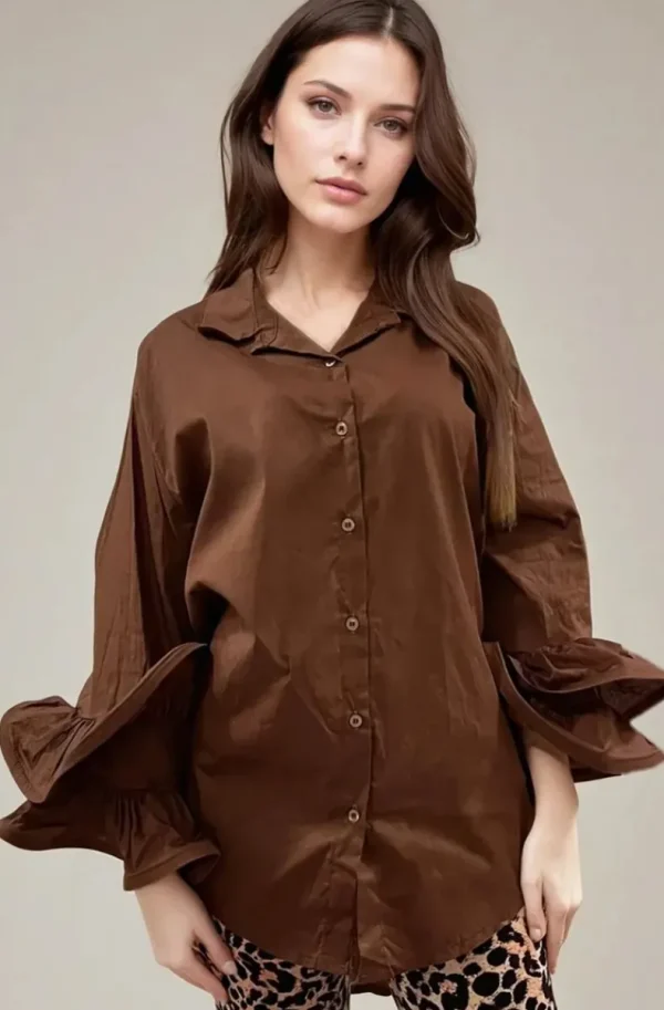 MIXED BRANDS - Oversize cotton shirt with ruffled sleeve 9394 - Choco Best