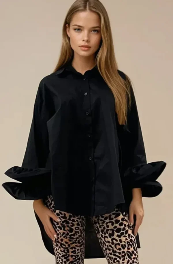 MIXED BRANDS - Oversize cotton shirt with ruffled sleeve 9394 - Black Outlet