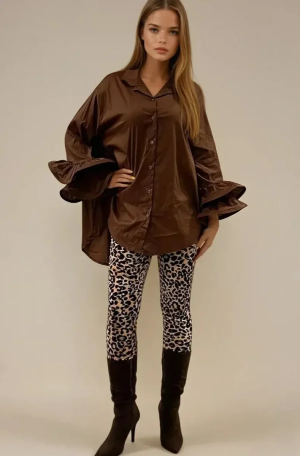 MIXED BRANDS - Oversize cotton shirt with ruffled sleeve 9394 - Choco Best