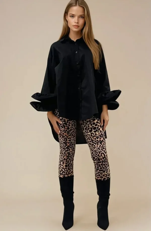 MIXED BRANDS - Oversize cotton shirt with ruffled sleeve 9394 - Black Outlet