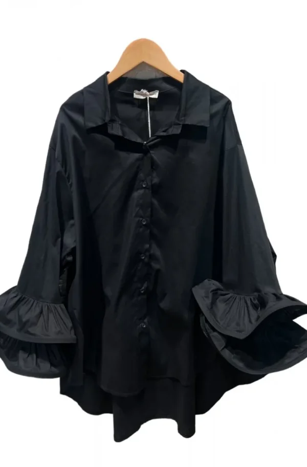 MIXED BRANDS - Oversize cotton shirt with ruffled sleeve 9394 - Black Outlet