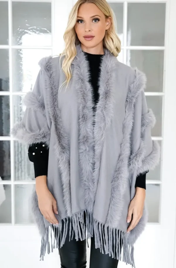 MIXED BRANDS - Poncho with fake fur details F40795 - Grey Sale