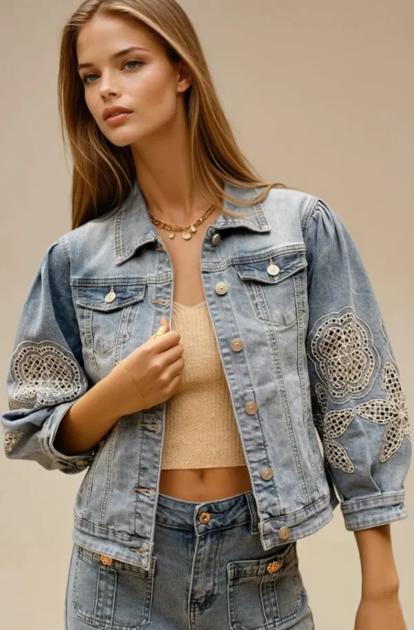 MIXED BRANDS - Denim jacket with Embroidered Sleeve DC480 - Blue New