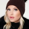 PLAIN VANILLA - Beanie with faux fur pompom - Chocolate Sale