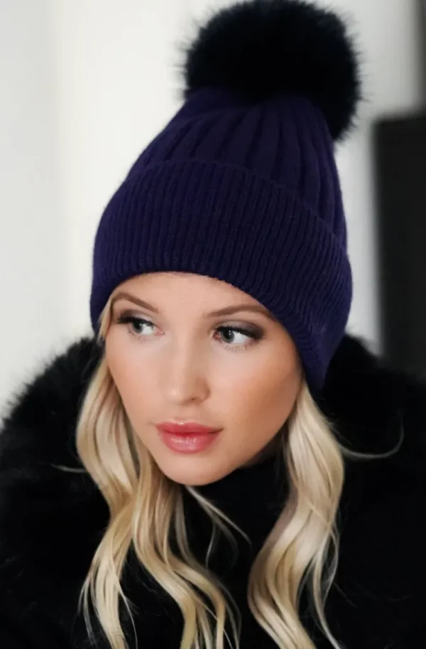 PLAIN VANILLA - Beanie with faux fur pompom - Navy Outlet