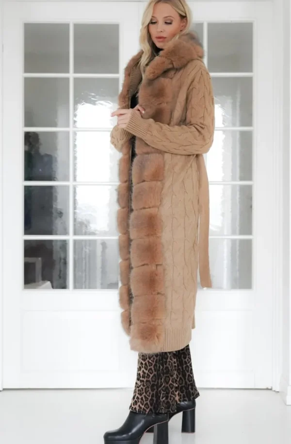 PLAIN VANILLA - Knitted Cardigan/Jacket with Faux Fur - Camel Outlet