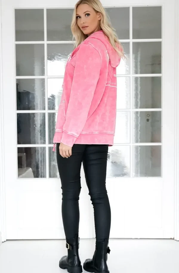 TRUE RELIGION - Washed Big T Boyfriend Zip Hoodie - Hot Pink Discount
